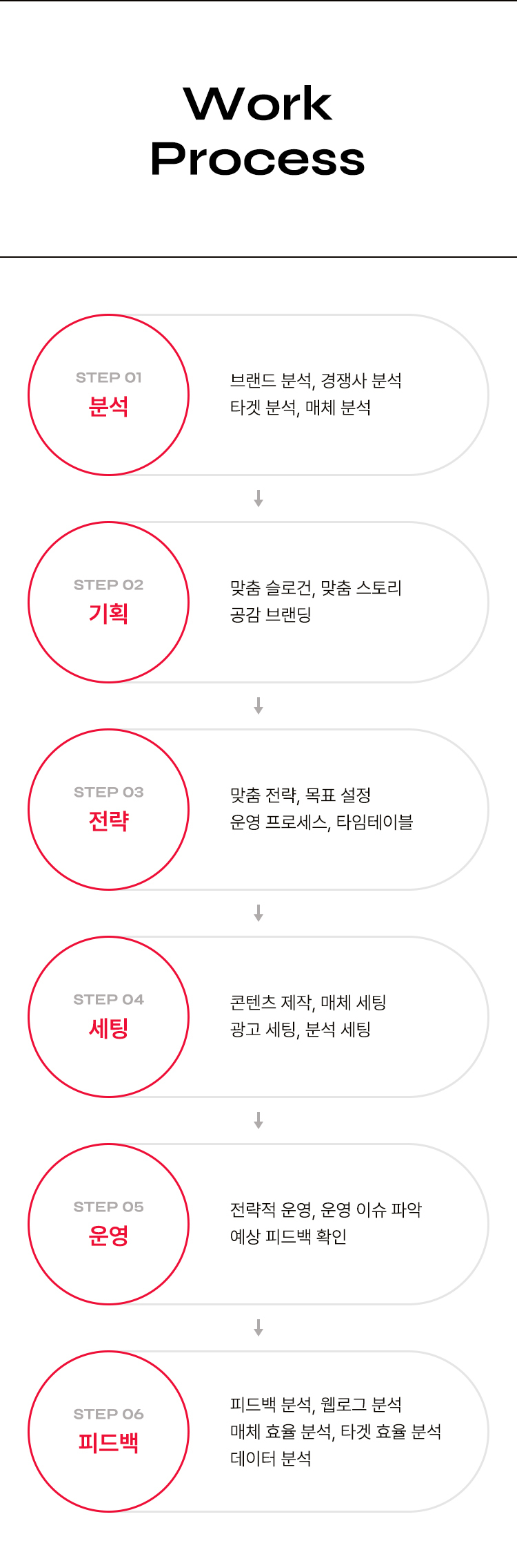 work process: step 1. 분석(브랜드분석, 경쟁사분석, 타겟분석, 매체분석) step 2. 기획(맞춤슬로건, 맞춤스토리, 공감브랜딩) step 3. 전략(맞춤전략, 목표설정, 운영프로세스, 타임테이블) step 4. 세팅(콘텐츠제작, 매체세팅, 광고세팅, 분석세팅) step 5. 운영(전략적운영, 운영이슈파악, 예상피드백확인) step 6. 피드백(매체효율분석, 타겟효율분석, 피드백분석, 웹로그분석, 데이터분석)